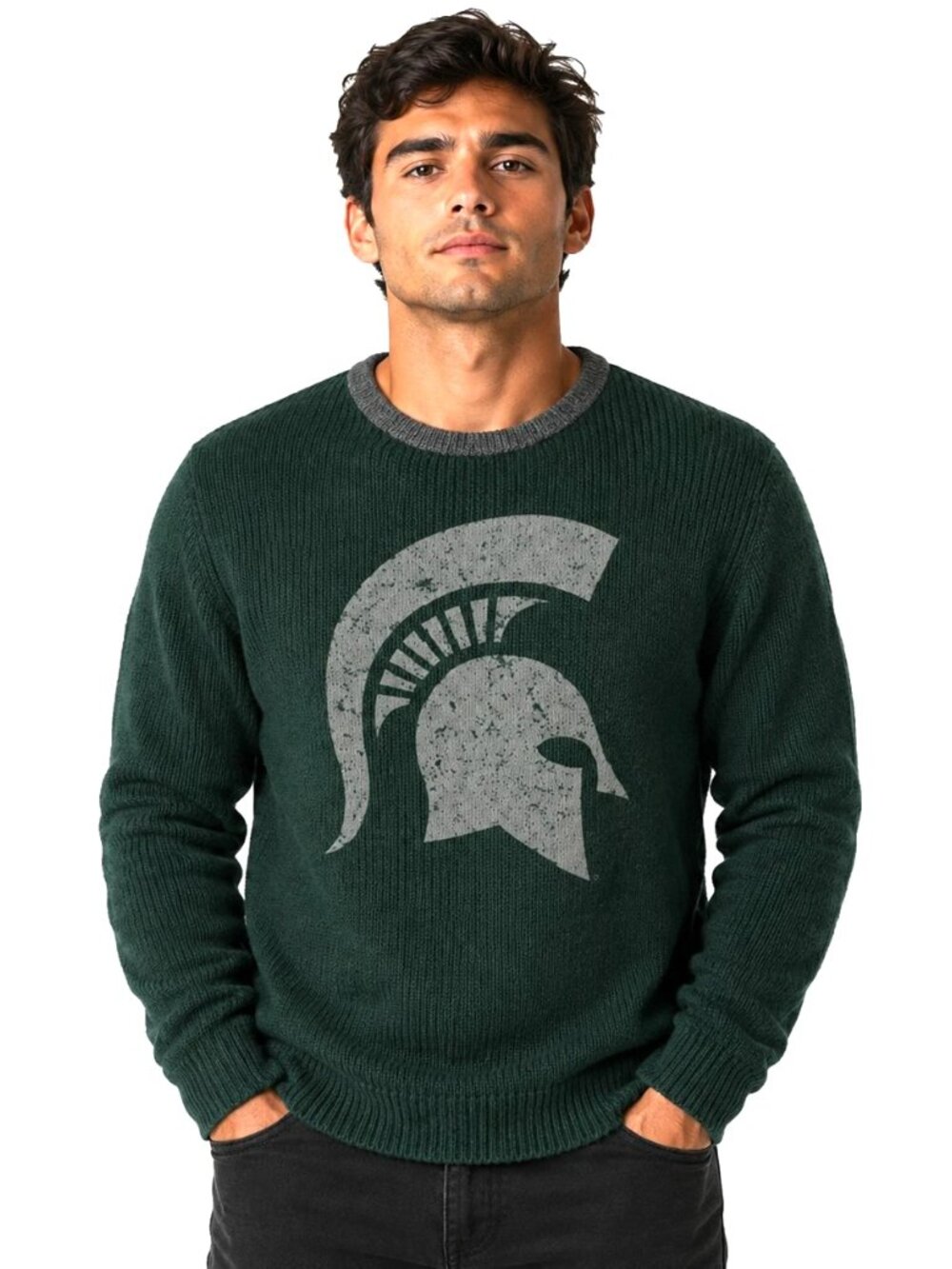 MICHIGAN STATE SPARTANS Sweater Size Large Malibu Crew Distressed Logo Forest